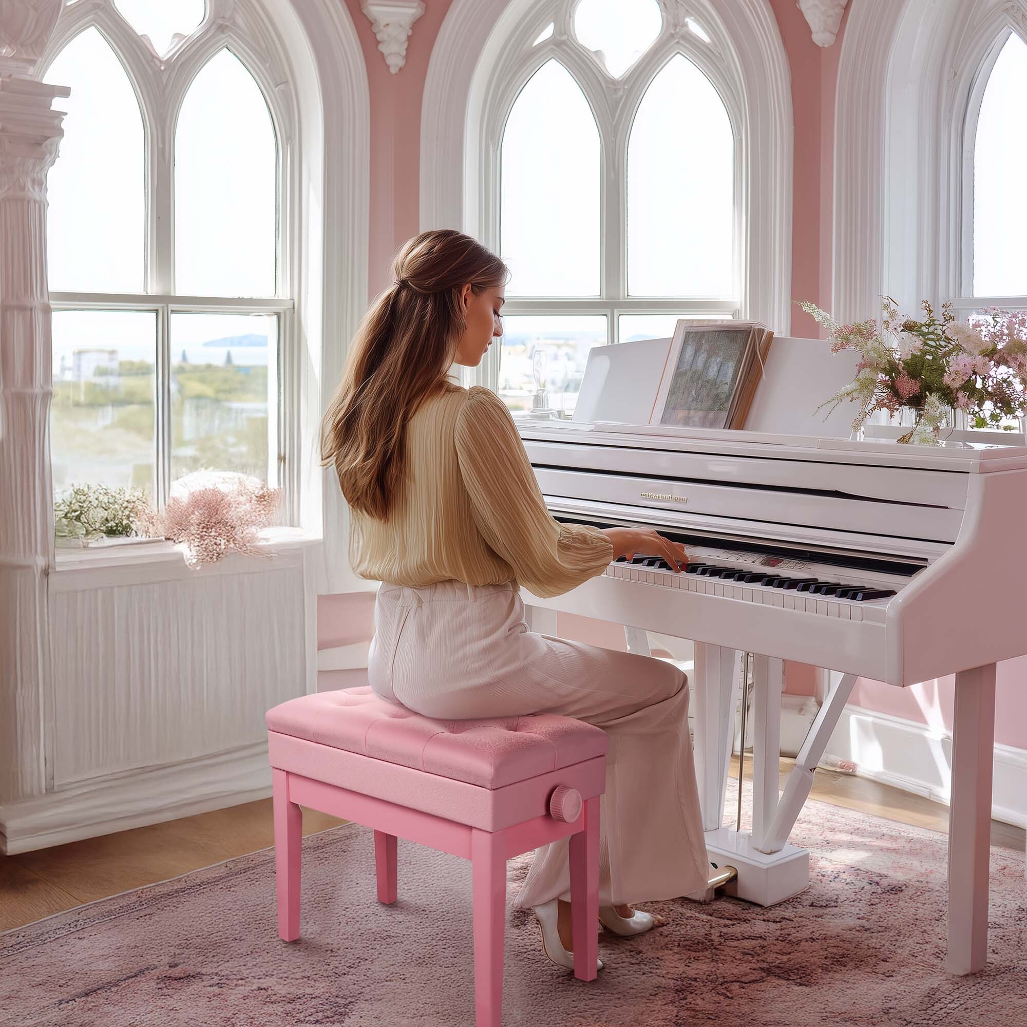 Adjustable Piano Keyboard Bench Stool with Storage PU Leather Padded Seat Pink