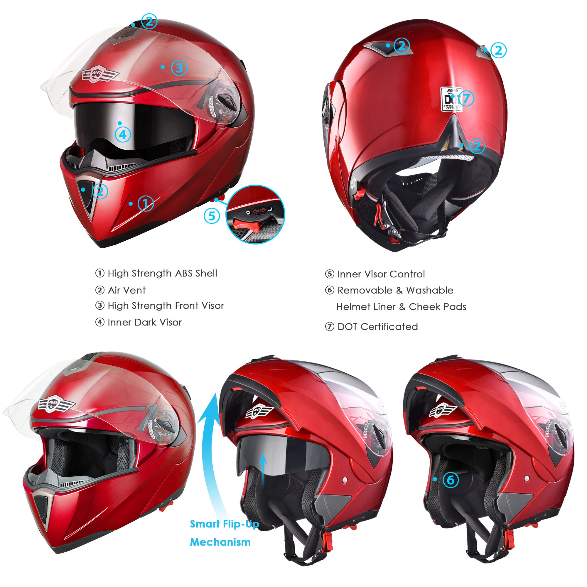 AHR DOT Full Face Flip up Motorcycle Helmet Dual Visor Motocross