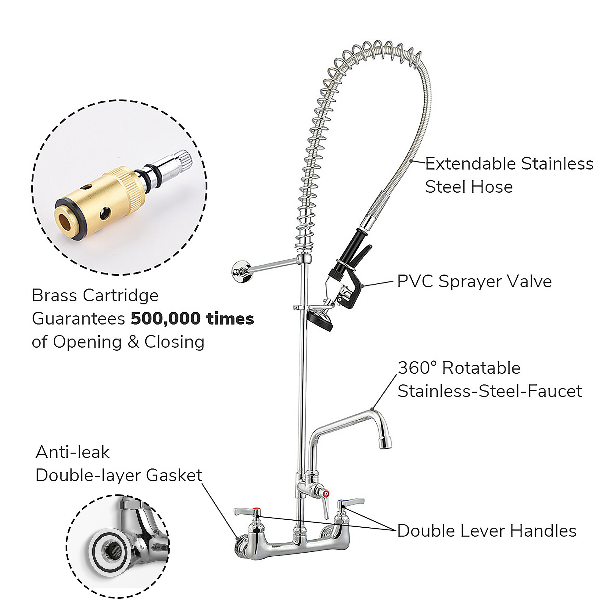 Aquaterior Wholesale Commercial Pre-Rinse Kitchen Faucet Add-On Faucet Mixer Tap - Picture 34 of 42