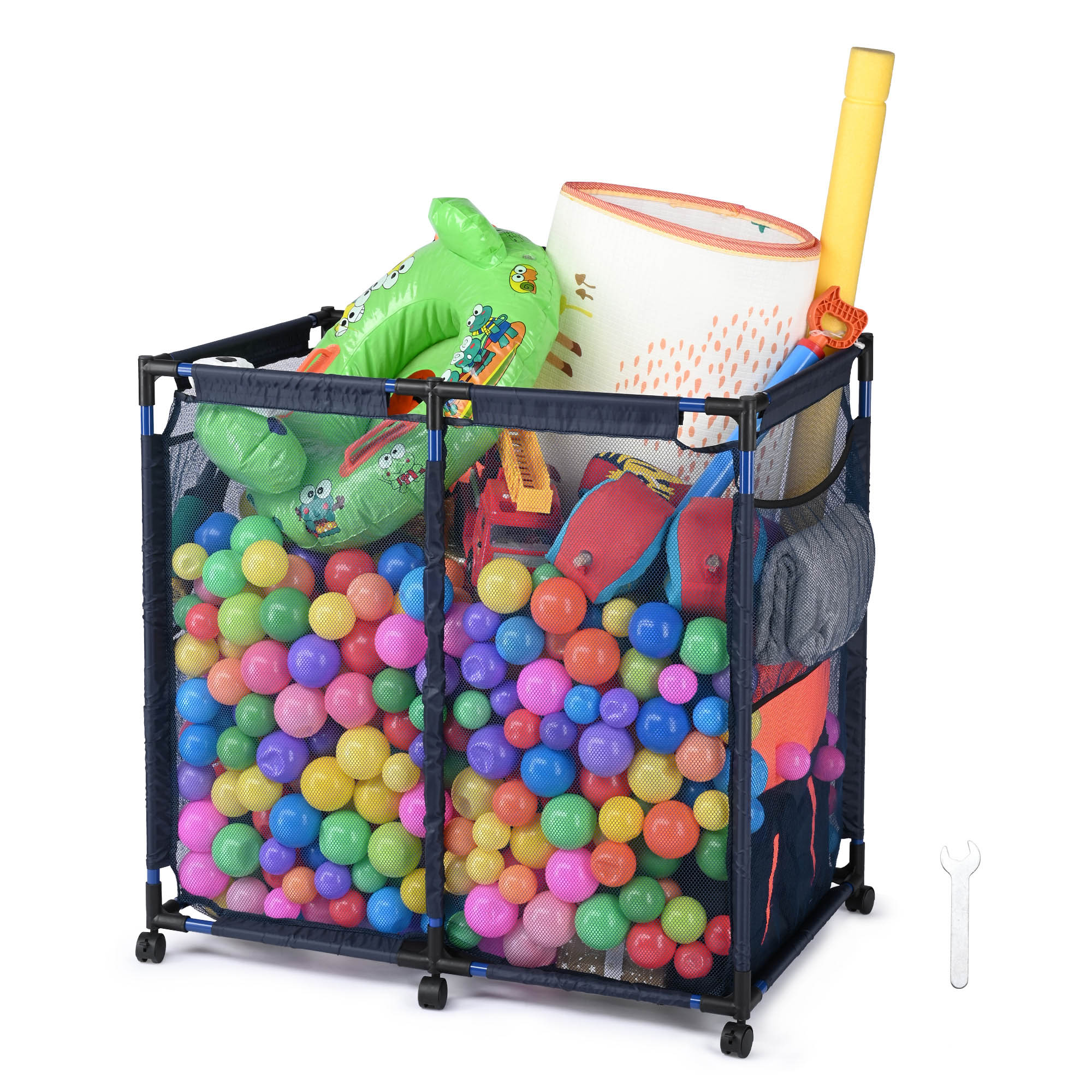 Apluschoice Metal Frame Pool Toy Storage Bin with 6 Wheels & Side Pocket - Picture 6 of 10