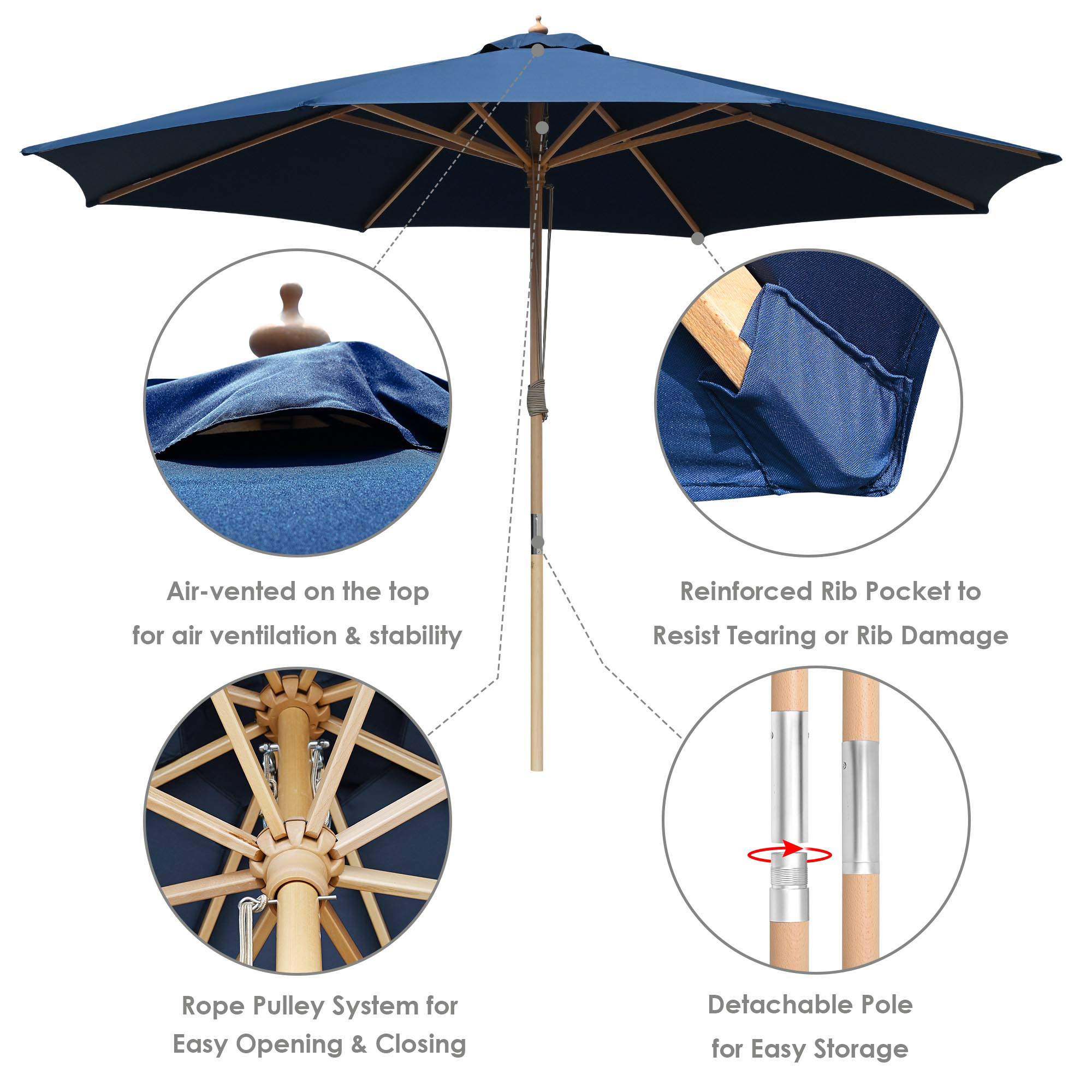 13Ft Patio Wood Umbrella German Wooden Pole Outdoor Beach Cafe Garden Sun Shade - Picture 7 of 15