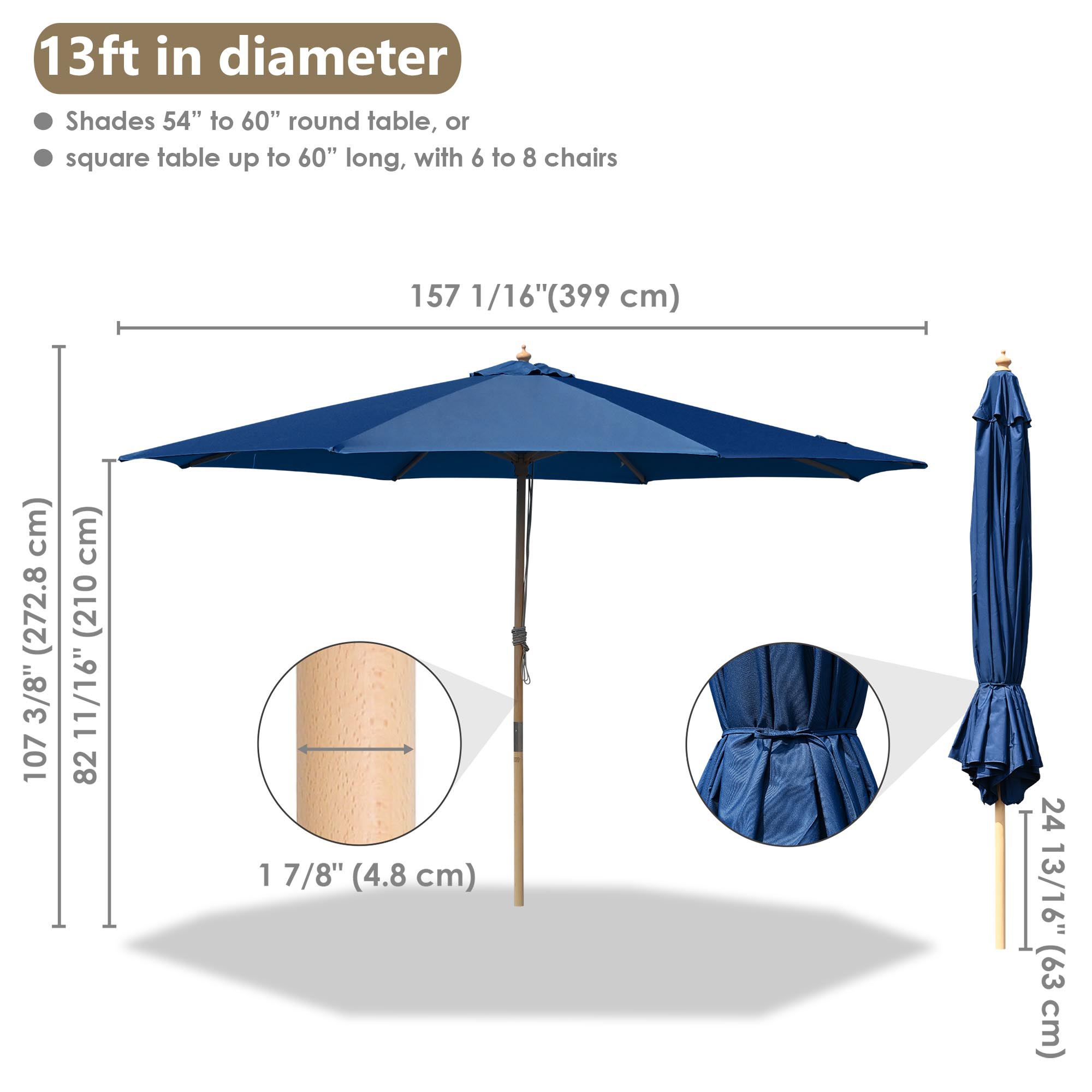 13Ft Patio Wood Umbrella German Wooden Pole Outdoor Beach Cafe Garden Sun Shade - Picture 9 of 15