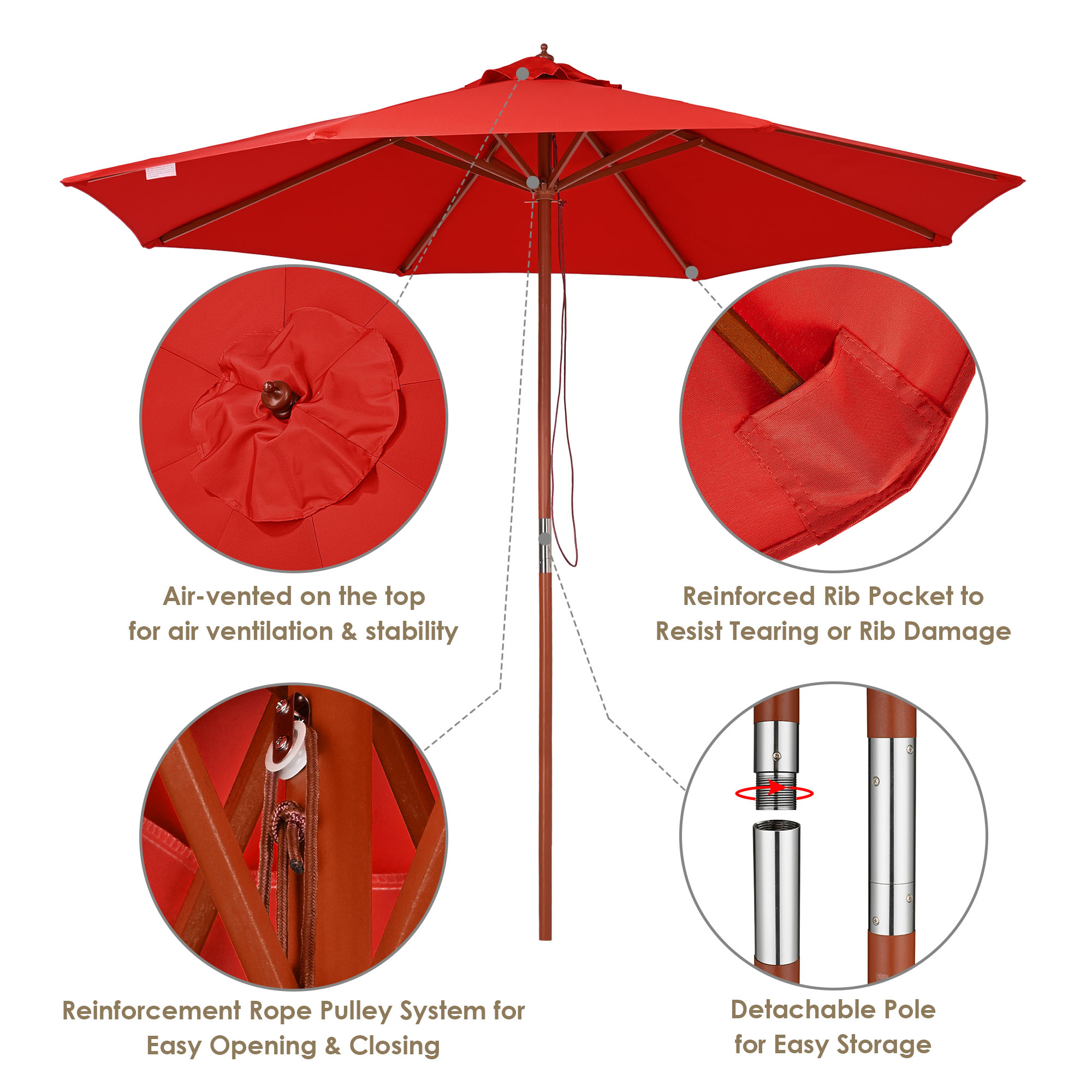 9' Ft 8 Ribs Patio Wood Umbrella Wooden Pole Outdoor Sunshade Market Garden Yard - Picture 40 of 55