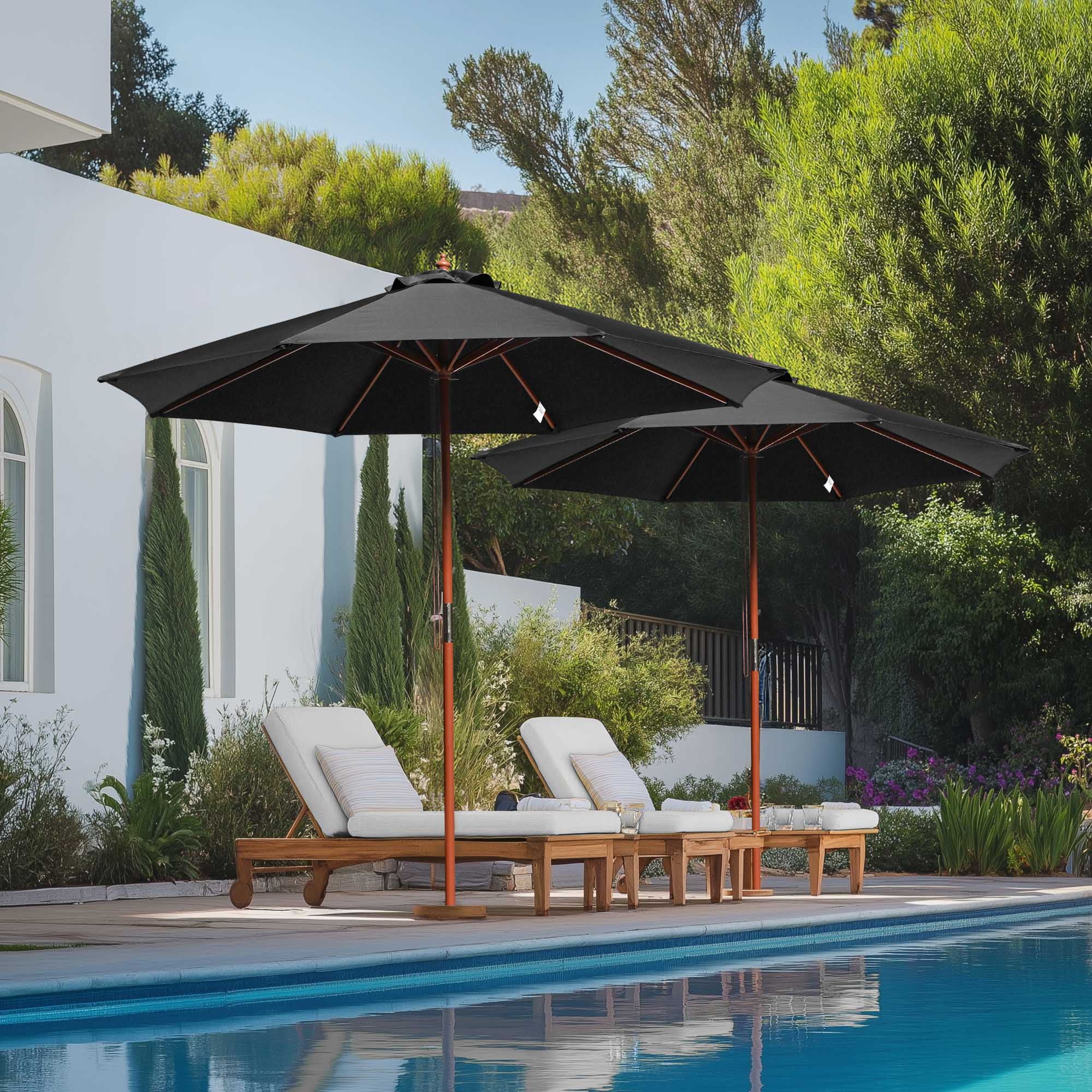 9' Ft 8 Ribs Patio Wood Umbrella Wooden Pole Outdoor Sunshade Market Garden Yard - Picture 12 of 55