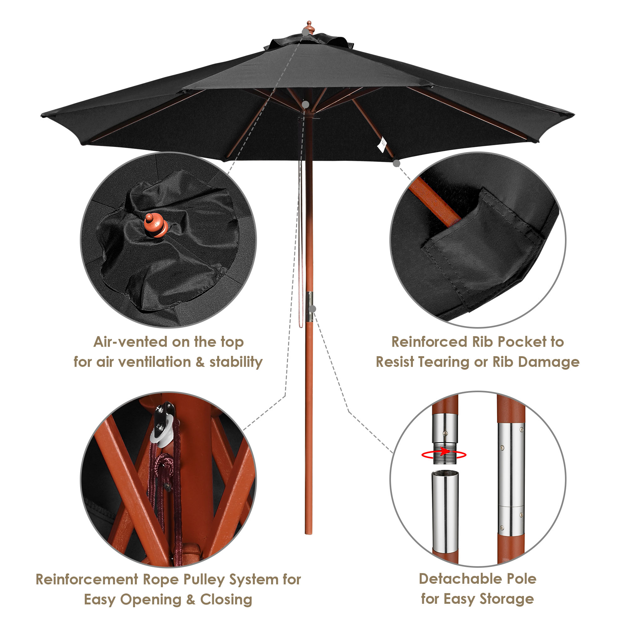 9' Ft 8 Ribs Patio Wood Umbrella Wooden Pole Outdoor Sunshade Market Garden Yard - Picture 15 of 55