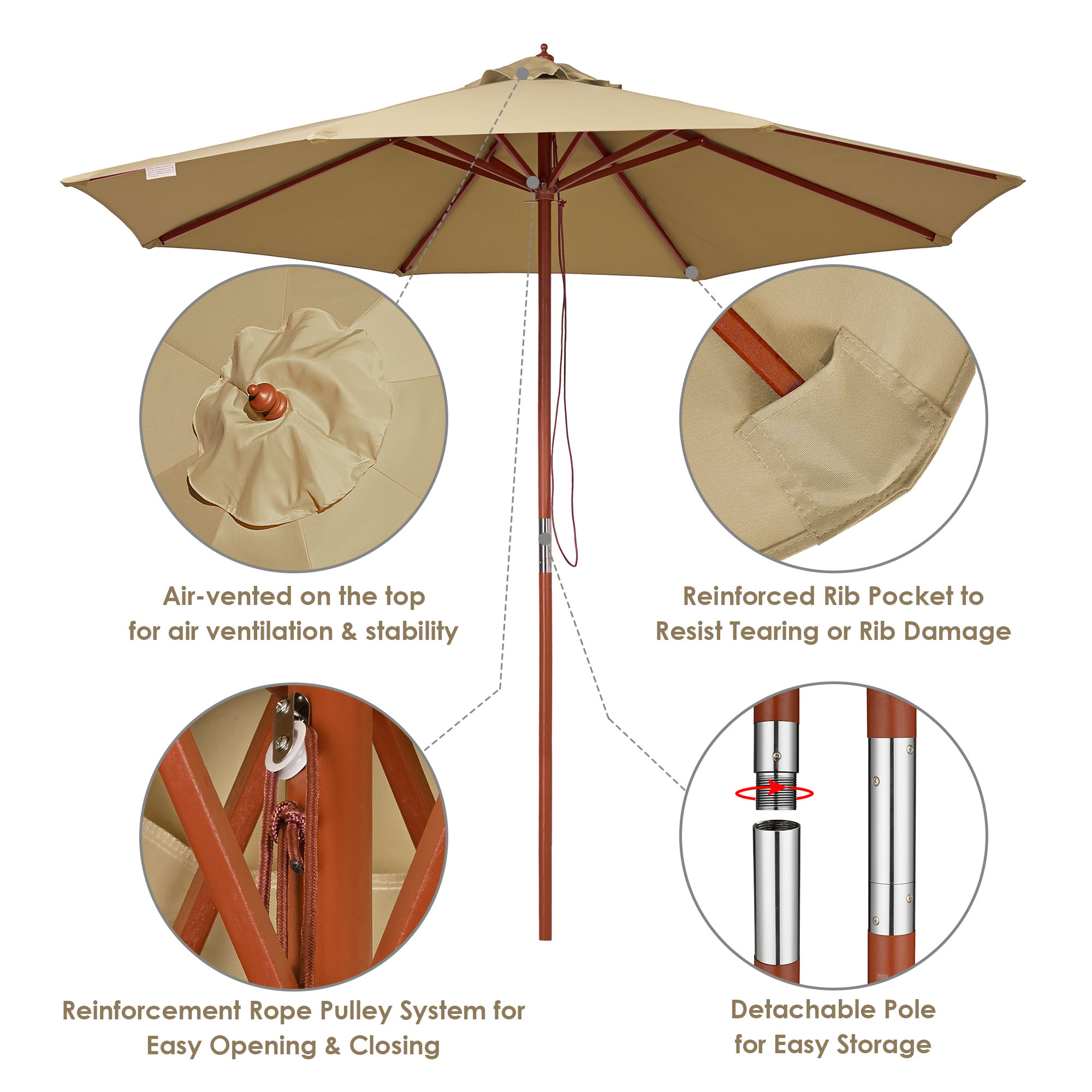 Aplus 9' Wood Outdoor Patio Umbrella with Base Included Wheels Stand - Picture 28 of 33