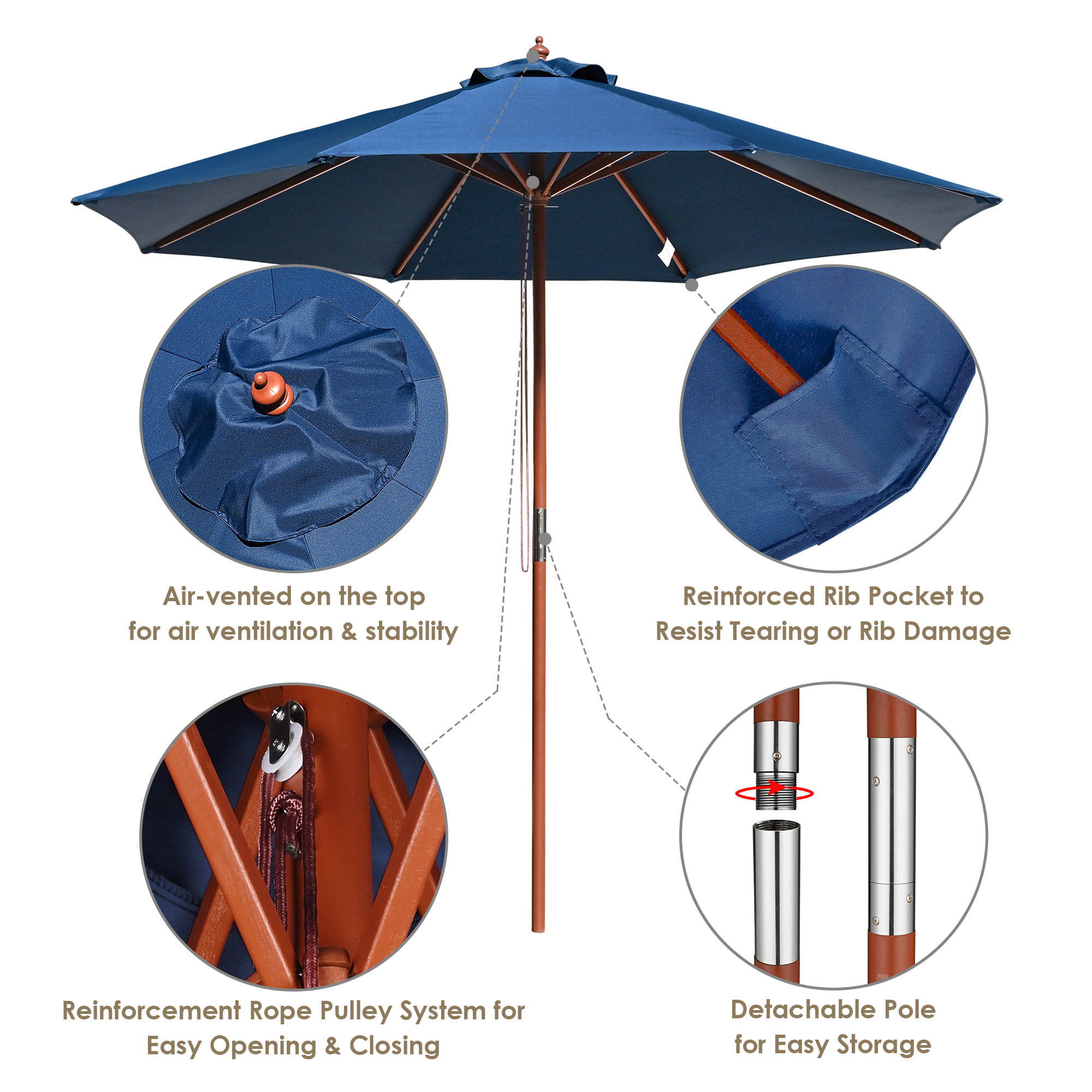 9' Ft 8 Ribs Patio Wood Umbrella Wooden Pole Outdoor Sunshade Market Garden Yard - Picture 35 of 55