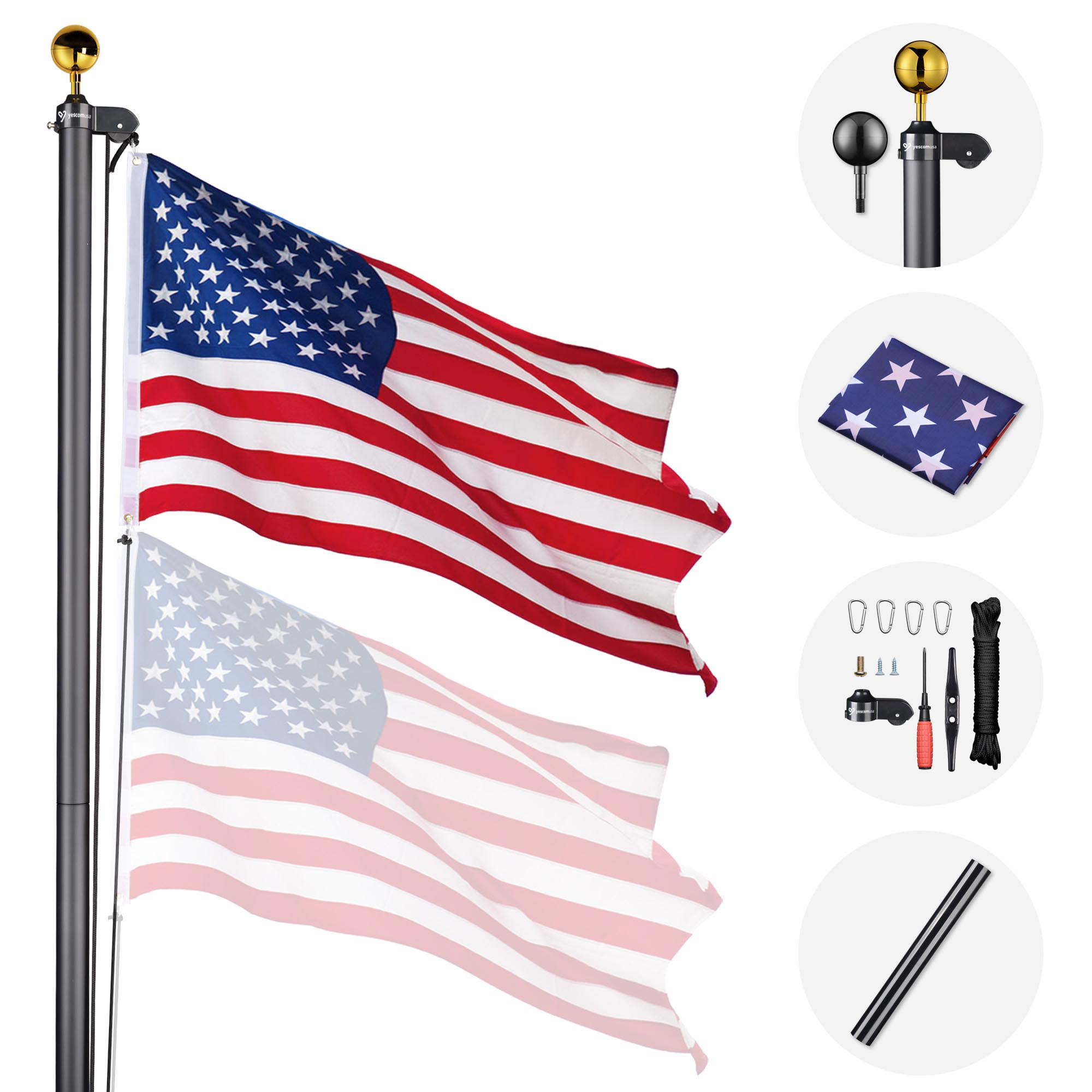Silver/Black 20 Ft Aluminum Sectional Flagpole with 3x5 Ft US Flag Gold Ball - Picture 6 of 10