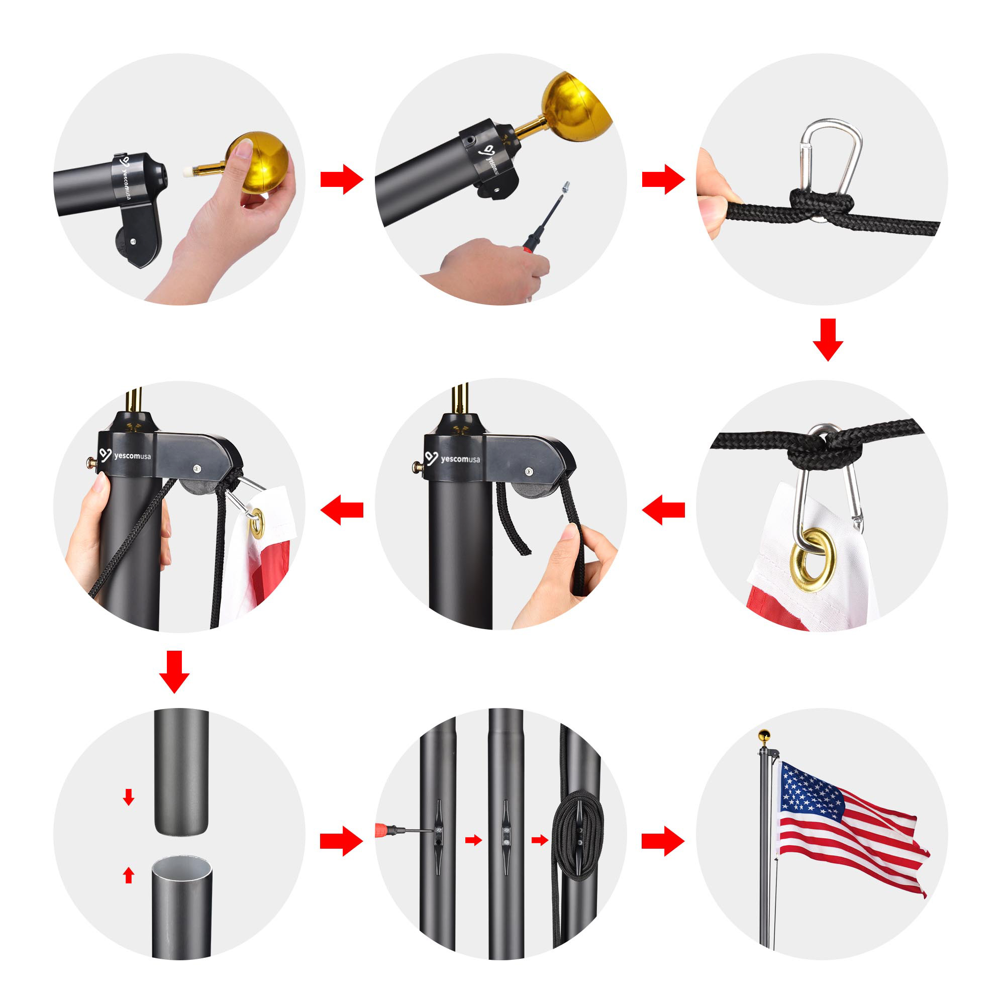 Silver/Black 20 Ft Aluminum Sectional Flagpole with 3x5 Ft US Flag Gold Ball - Picture 8 of 10