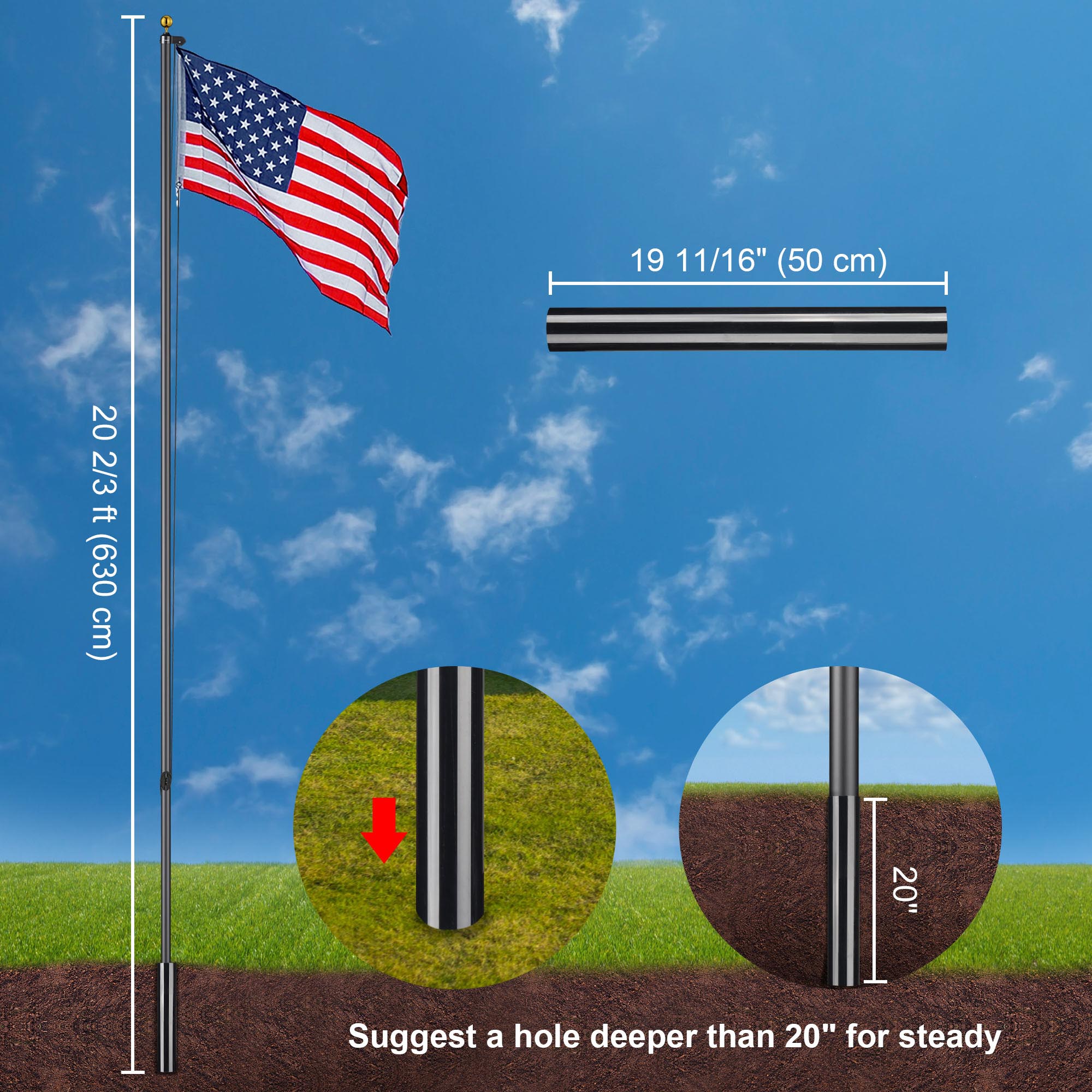 Silver/Black 20 Ft Aluminum Sectional Flagpole with 3x5 Ft US Flag Gold Ball - Picture 9 of 10