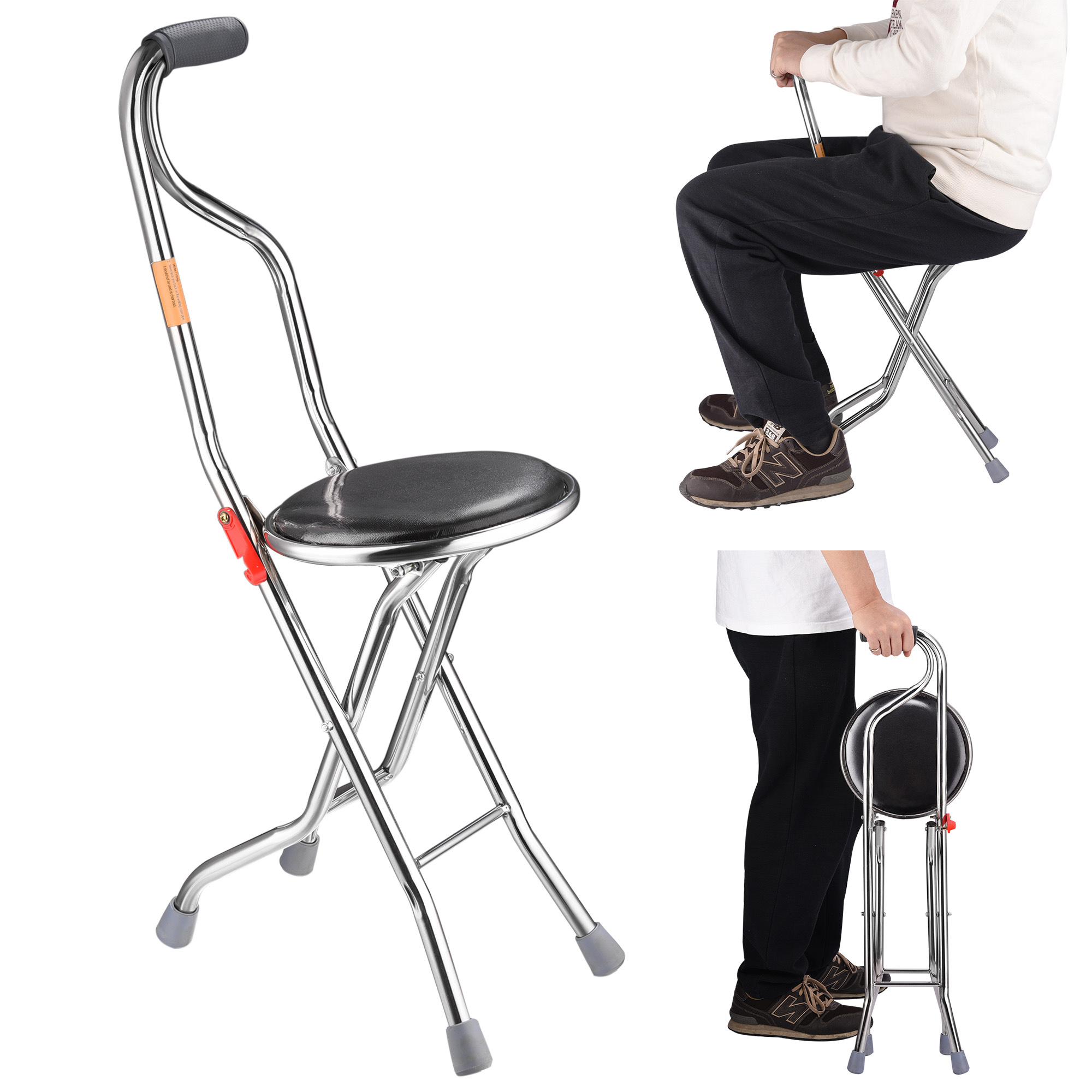 Medical Walking Stick w/ Seat Folding Chair Portable Cane Travel