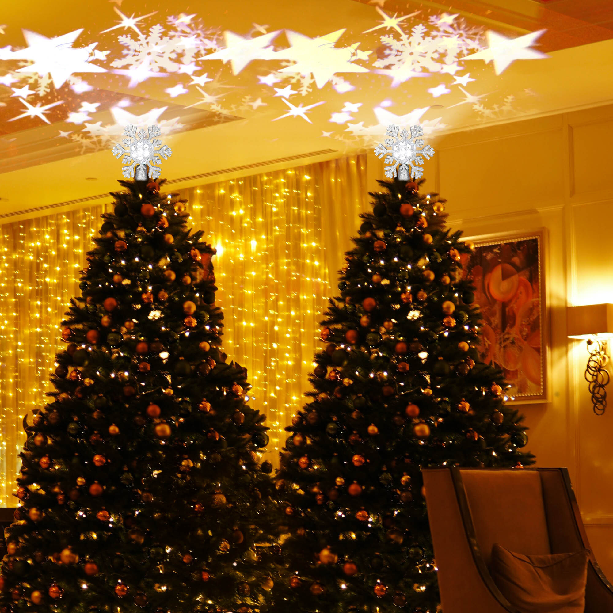 Christmas Tree Topper Star 3D LED Snowflake Rotated Projector Golden/Silver - Picture 19 of 22