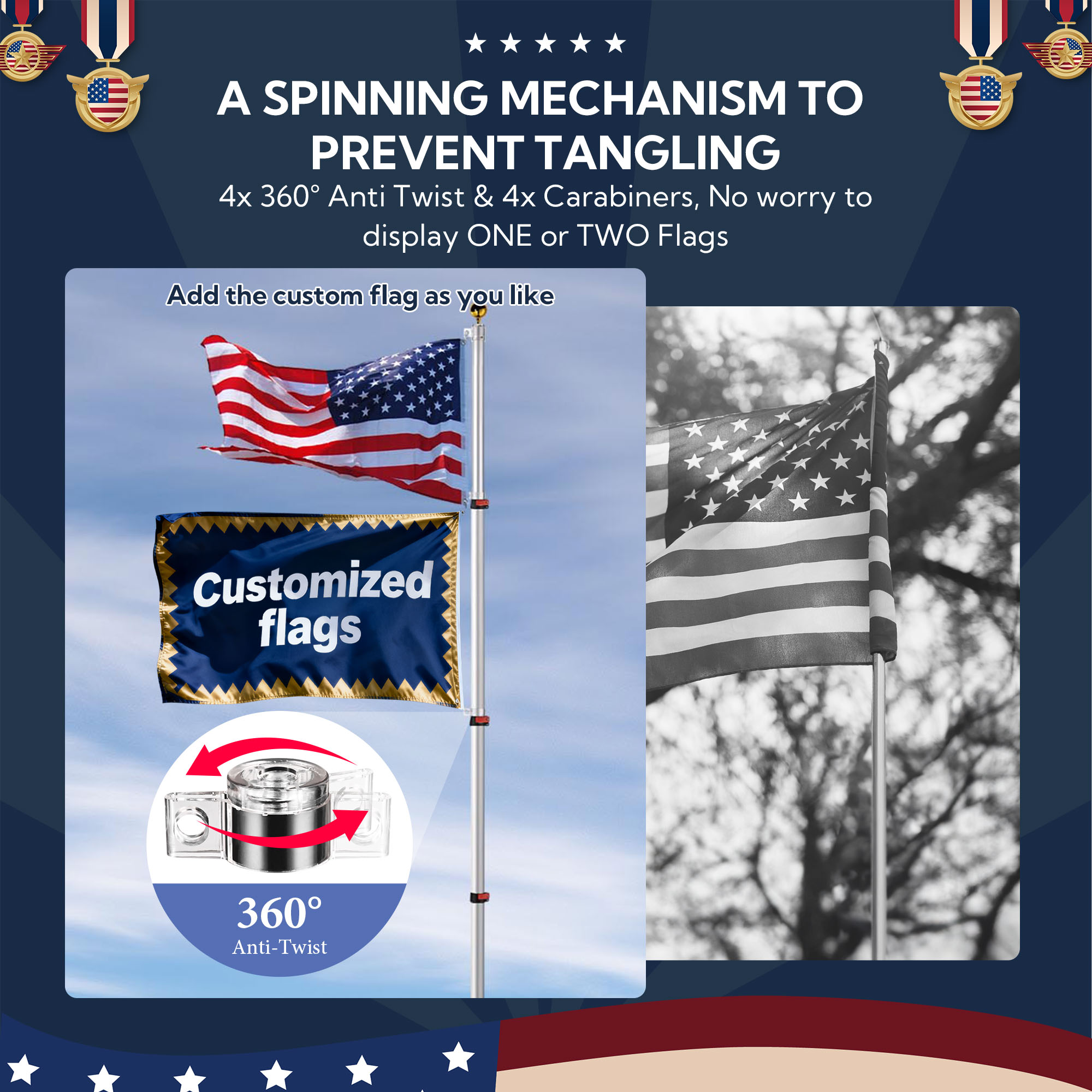 30 Ft Aluminum Flag Pole Kit – Heavy Duty, With 2x 3'x5' US Flags & Halyard