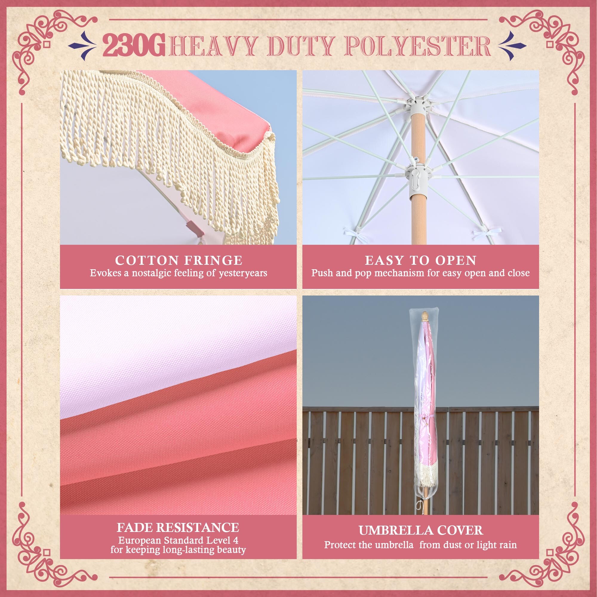 LAGarden 6 Ft Fringe Patio Umbrella Vintage 50s/60s Wood Pink